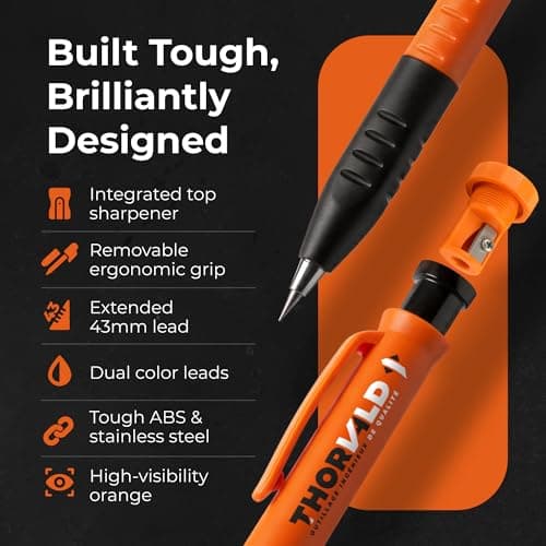 THORVALD New 3-in-1 Carpenter Pencils with Finger Grip for Construction - Incl. 7 Leads + Sharpener - Solid Mechanical Pencils with Fine Point/Best Marking tools Construction/Carpenters/Scriber
