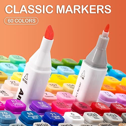 AnyMark Alcohol Markers, 60 Colors Dual Tip Art Coloring Markers Set for Kids Adult Book Drawing Sketching Painting, Chisel & Fine, White Penholder