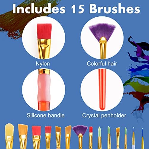 15Pcs Paint Brushes Value Pack, Includes 15 Different Types of Brushes, Nylon Colorful Hair with Silicone Crystal Penholder, Prefect Works with Oil, Acrylic and Watercolor Painting