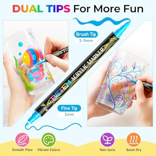 Betem Dual Tip Acrylic Paint Pens, 24 Colors Paint Markers for Glass, Window, Fabric, Wood, Rock, Canvas, Acrylic Markers with Fine & Brush Tip, Art & Craft Supplies, Teacher Appreciation Gift