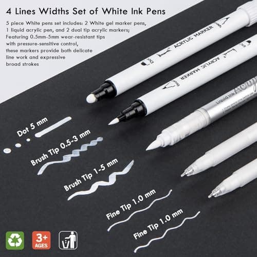 Brusarth White Pens Set, 5 Pack, 1mm White Gel Pens, Dual-Tip Acrylic Paint Pen, Brush Tip Acrylic Markers for Black Paper Drawing, Sketching, Illustration, Card Making, Bullet Journaling