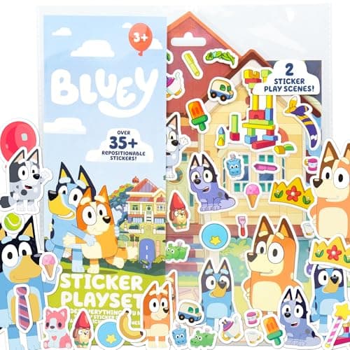 Horizon Group USA Bluey Sticker Playset, 2 Sticker Play Scenes, 35+ Reusable Puffy Bluey Repositionable Stickers for Kids, Perfect for Travel, Screen-Free Fun