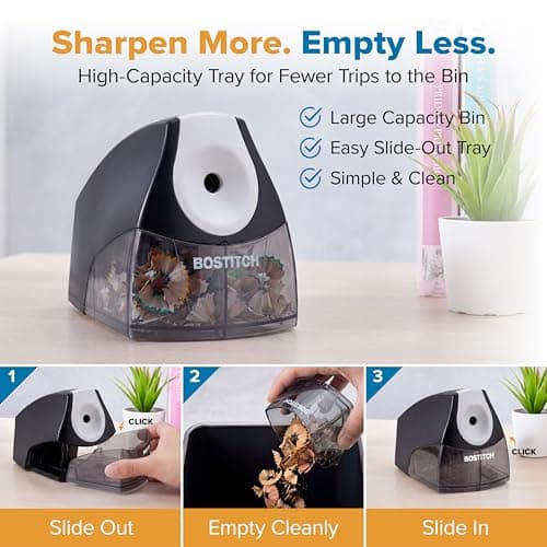 Bostitch Office Electric Pencil Sharpener for Classroom & Desk Use, Heavy-Duty Stall-Free Motor, High-Capacity Shavings Tray, Black