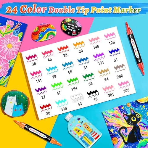 TBC The Best Crafts 24 Colors Dual Tip Acrylic Paint Markers, Waterproof, Non-Toxic, Odorless, Suitable for Paper, Pottery, Stones, Backpacks, Glass