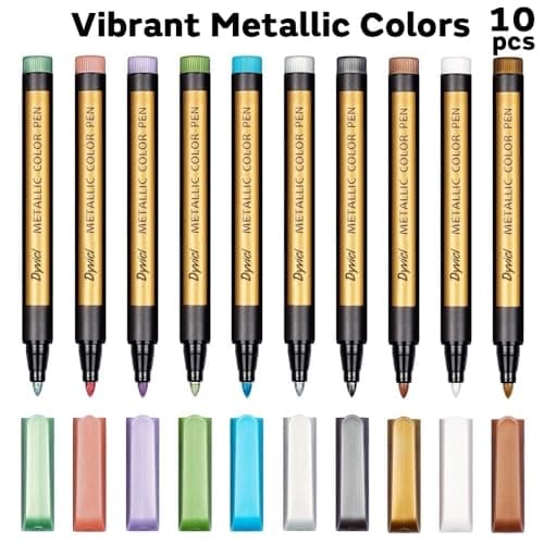 Dyvicl Metallic Marker Pens - Set of 10 Medium Point Metallic Markers for Rock Painting, Black Paper, Card Making, Scrapbooking Crafts, DIY Photo Album