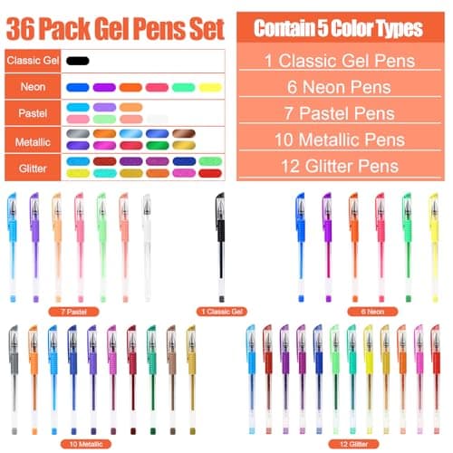 TANMIT 36 Colors Gel Pens Set for Adult Coloring Books, Colored Gel Marker with 40% More Ink, Great for Adult Doodling Scrapbooking Drawing