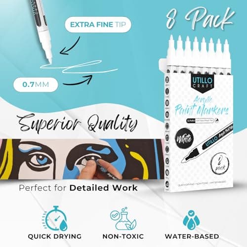 Utillo Craft White Paint Pen (8-Pack) Extra Fine White Paint Markers for Metal, Fabric, Wood, Glass, Paper, Plastic, Rock, Leather | Bold Color Permanent White Acrylic Paint Pen 0.7mm | Artist DIY