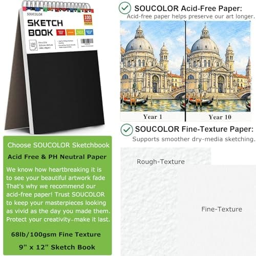 Soucolor 9" x 12" Sketch Book, 100 Sheets Top Spiral Bound Sketchbook with Acid-Free 68lb/100gsm Thick Drawing Paper, Art Sketch Pad for Kids, Adults & Artist, Professional Art Supplies for Beginners