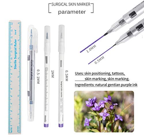 LabAider 6Pcs Professional Surgical Tip Skin Marker Pen Sterile Tattoo Stencil Markers Pen with Paper Ruler for Eyebrow, Lips - Individually Wrapped (0.5MM&1MM)