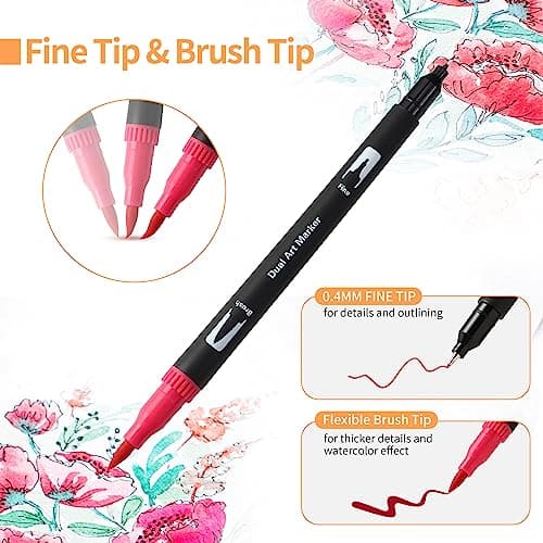 Peablce Art Markers Brush Pen, Markers for Adult Coloring Books No Bleeding,32 Colored Pens Fine Point Highlighter Pen & Brush for Adult Coloring Journaling Note Taking Planner