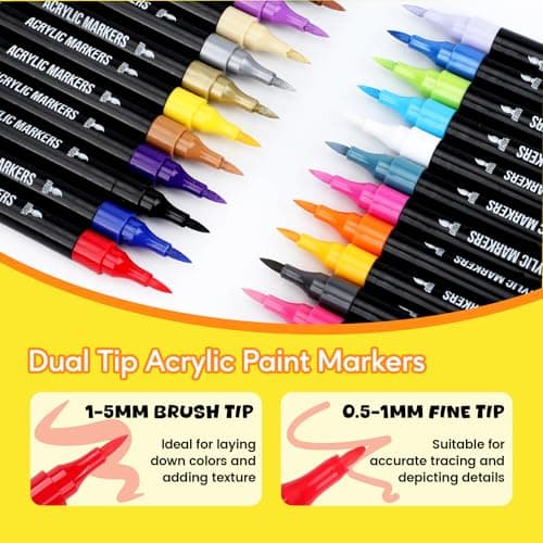 Pagather 24 Colors Acrylic Paint Markers, Dual Tip with Fine Tip and Brush Tip Pens for Stone, Wood, Calligraphy, Canvas, Ceramic, Metal, Glass, Rock Painting, DIY Crafts