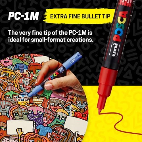 uni Posca Acrylic Paint Art Markers, Set of 12 Extra Fine Point Thin Paint Pens for Coloring Gifts, Fabric, Metal, Glass, Rocks, Wood and Canvas, Assorted Colors, PC1M12C
