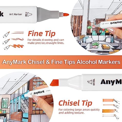 AnyMark Alcohol Markers, 60 Colors Dual Tip Art Coloring Markers Set for Kids Adult Book Drawing Sketching Painting, Chisel & Fine, White Penholder
