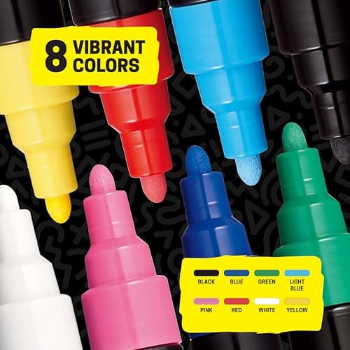 Posca Paint Markers, 5M Medium Acrylic Markers with Reversible Tips, Artist Recommended For Gifts, Fabric, Metal, Glass, Wood and Canvas, Assorted Colors, Set of 8