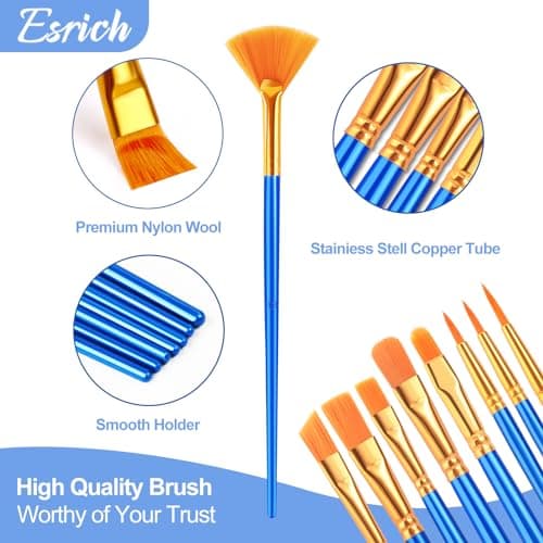 ESRICH Paint Brushes Set,1pack/12pcs Nylon Hair Round-Pointed Tip Acrylic Paint Brushes for Watercolor Oil Rock Face Painting,12 Sizes Paint Brush for All Purposes Kids Adult Arts Painting Brush Kits.