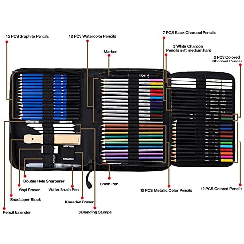 Prina 76 Pack Drawing Set Sketching Kit, Pro Art Supplies with 3-Color Sketchbook, Include Tutorial, Colored, Graphite, Charcoal, Watercolor & Metallic Pencil, for Artists Adults Teens Beginner