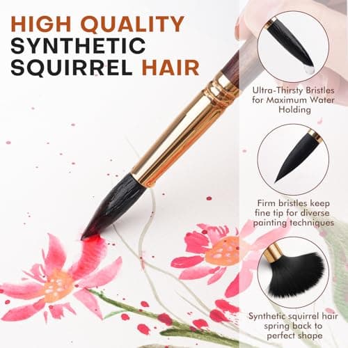 Watercolor Brushes Professional, Fuumuui 10Pcs Synthetic Squirrel Hair Water Color Paint Brush Set for Artists - Flat, Round Pointed, Dagger, Cats Tongue Oval Wash for Watercolor Gouache Inks Painting