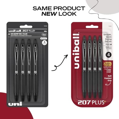 uniball 207 Plus+ Retractable Gel Pens, Medium Point (0.7mm), Black, 4 Pack