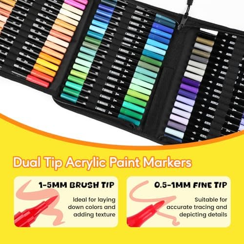 Pagather 72 Colors Acrylic Paint Markers, Dual Tip with Fine Tip and Brush Tip Pens for Stone, Wood, Calligraphy, Canvas, Ceramic, Metal, Glass, Rock Painting, DIY Crafts Art Supplies Kit