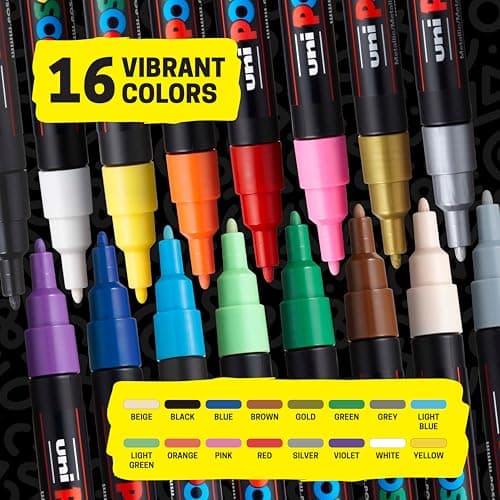 Posca Paint Markers, 3M Fine Tip Point Acrylic Paint Pens with Reversible Tips, Art Supplies For Gifts, Decorations Fabric, Metal, Glass, Wood and Canvas, Set of 16