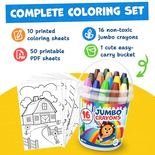Jumbo Crayons For Toddlers 1-3 - 16pc Toddler Crayons For Kids Ages 4-8 1-3 2-4 - With Printed & PDF Crayon Color Sheets - Non Toxic, Washable, Large & Easy To Grip - Toddler Coloring Art Supplies