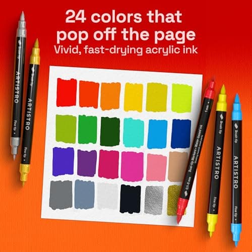 ARTISTRO 24 Acrylic Paint Markers - Paint Pens for Drawing, Brush + Fine Tips - For Fabric, Rock, Glass, Wood, DIY - Art & Craft Supplies for Adults, Teens, Kids - Teacher Appreciation Gift