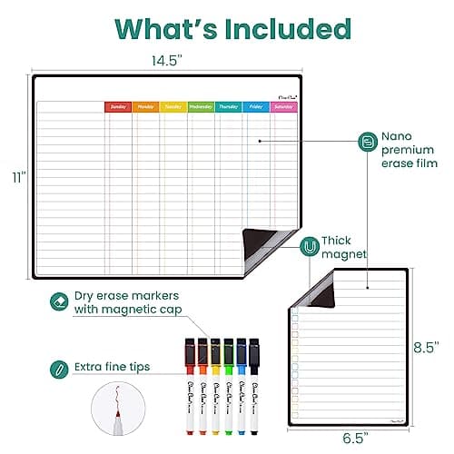 Magnetic Dry Erase Chore Chart - 14.5"x11" Chore Chart for Kids, Teens and Adults - 6.5"x8.5" List Board for Fridge - 6 Extra Fine Point Markers Included - Shipped Flat
