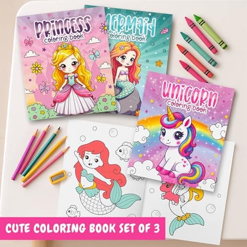 ZICOTO Fun Coloring Books for Kids Set of 3 – Cute Princess, Unicorn & Mermaid Coloring Book for Girls Ages 4–8 – Easy to Color Gift with Magical Themes for Your Creative Little Princess