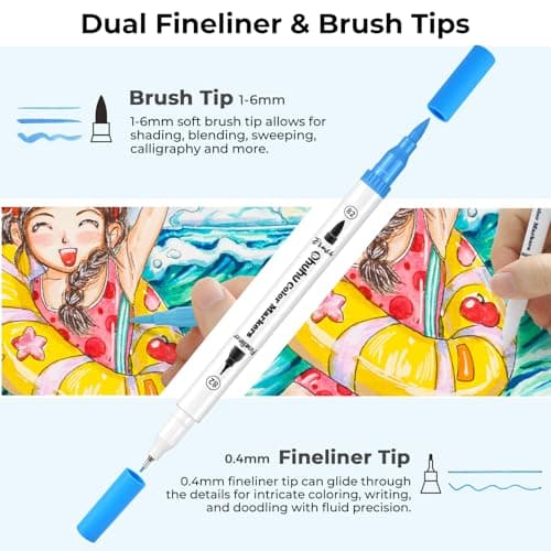Ohuhu Markers for Adult Coloring Books No Bleeding 60 Colors Coloring Markers Water-based Dual Tips Fineliner & Brush Drawing Pens Art Pens for Kids Adults Sketch Journal - Maui - White