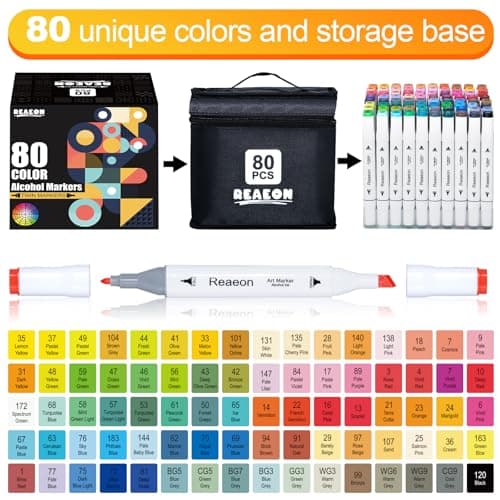 Reaeon Alcohol Art Markers, 80 Colors Fine & Chisel Dual Tip Marker Set, Permanent Art Markers for Adults Sketching Painting Drawing and Coloring(White Barrel)