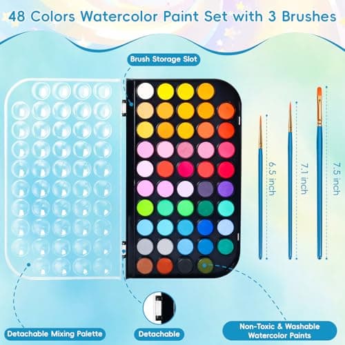 48 Color Solid Watercolor Paint Set with 3 Wooden Brushes - Non-Toxic, Vibrant & Washable Watercolor Kit for Artists, Children, Beginners, Kids - Portable Watercolor Painting Set for Travel & Studio