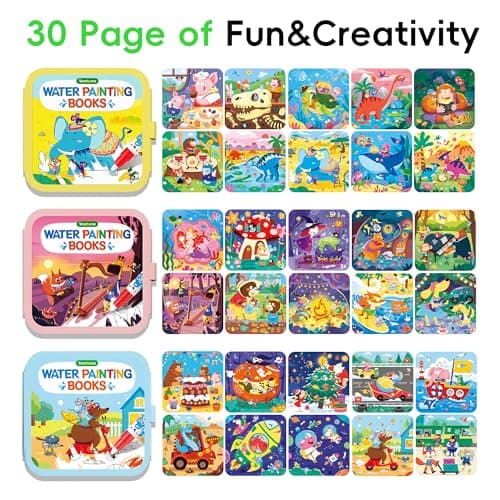 Timetome Reusable Water Painting Books for Kids – 3-Pack Magic Water Reveal Coloring Books with Water Pens (Fairy Tale, Animal & Dinosaur) No-Mess Coloring & Reusable Fun Travel Activity for Ages 3–6
