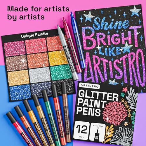 ARTISTRO 12 Glitter Paint Pens for Glass Marking, Rock Painting, Ceramic, Wood, Fabric, Scrapbooking, DIY Craft Making, Coloring - Acrylic Paint Markers Extra-Fine Tip 0.7mm