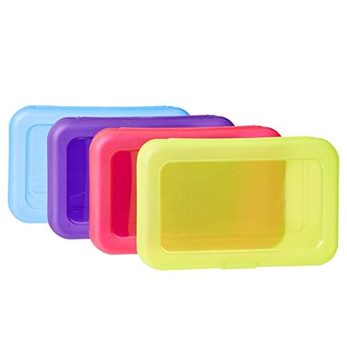 Amazon Basics 4-Pack Large Pencil Cases, Storage Organizer, Durable Plastic School Supply Box, Multi-Color Student Organization for Office, College & Classroom Supplies