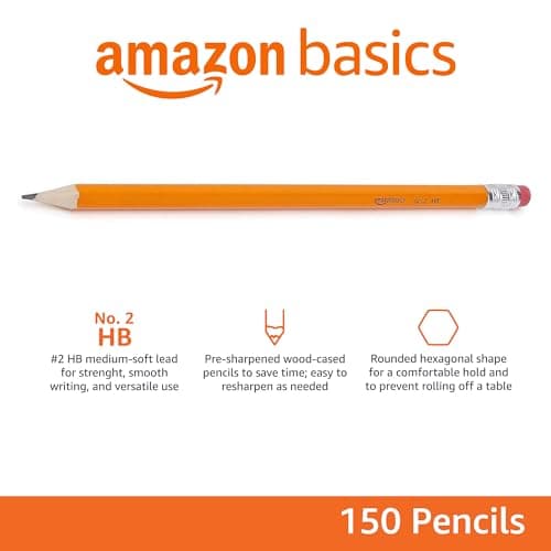 Amazon Basics Wood-Cased #2 Pencils for Writing, Drawing and Sketching, Pre-sharpened, HB Soft Lead with Erasers, Teacher Supplies, 150 Count, Yellow
