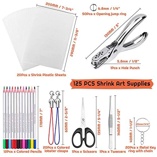 shynek Shrinky Plastic Sheets Keychain Kit, 125Pcs Shrinky Art Kit Including 20 Pcs Shrinky Paper Sheets, Hole Punch, Pencils, Keychains, Tweezers, Scissors for Crafts and Keychains