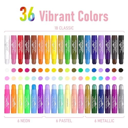 JUPITEARTH 36 Colors Tempera Paint Sticks with 120 PDF Coloring Pages and 30 Stickers, Quick Drying, Smooth, Non-Toxic and Washable Paint Sticks for Kids Drawing on Pumpkin, Wood, Rock, Glass