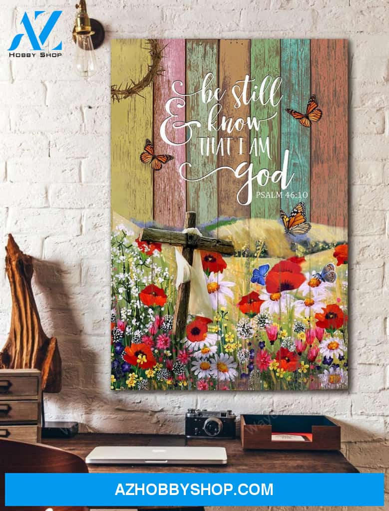 Cross in field of flower - Be still and know that I am God - Jesus Portrait Canvas Prints - Wall Art