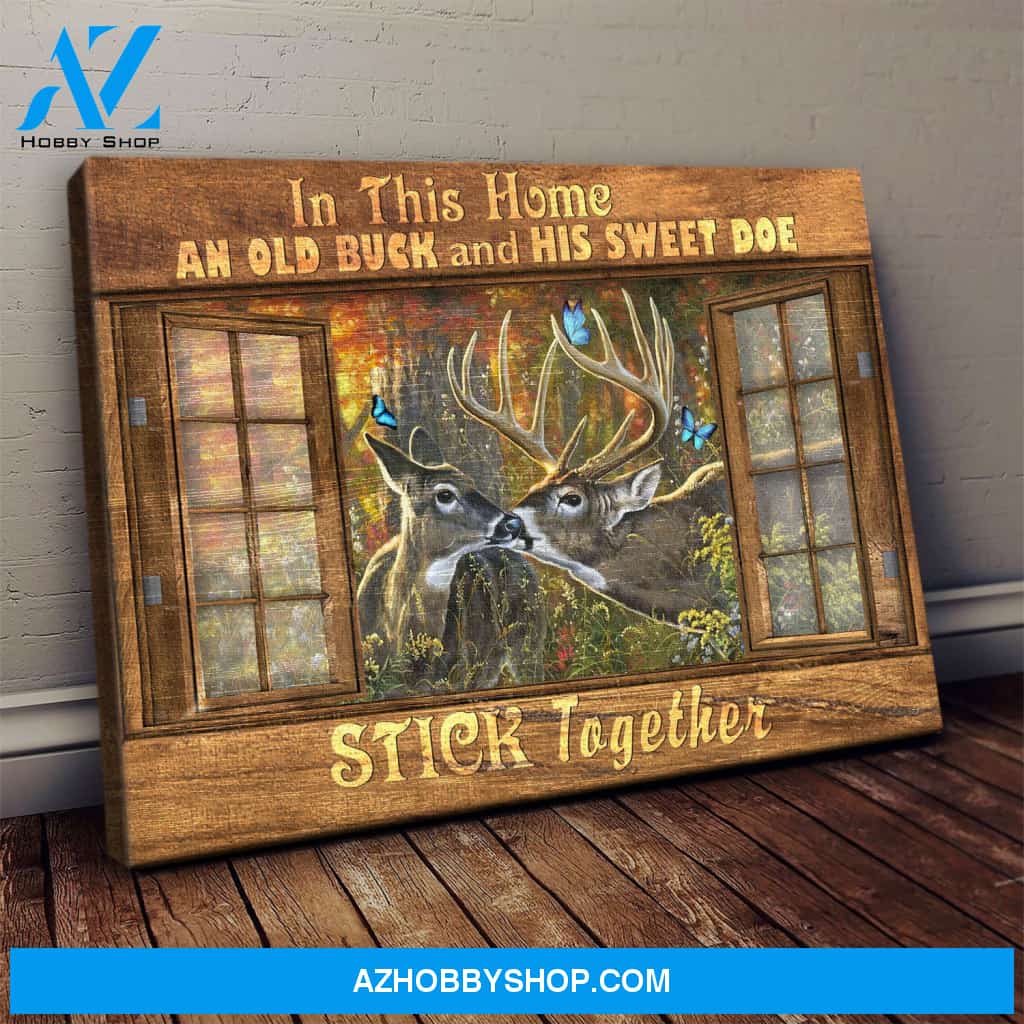 Deer couple - In this home, an old buck and his sweet doe, stick together - Couple Landscape Canvas Prints - Wall Art