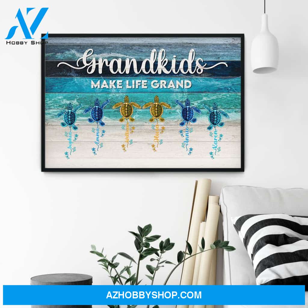 Grandkids Make Life Grand, Family Custom Poster/Canvas, Gift For Grandparents, Grandma, Grandpa, Grandmother, Grandfather, Beach Lovers, Turtle Lovers