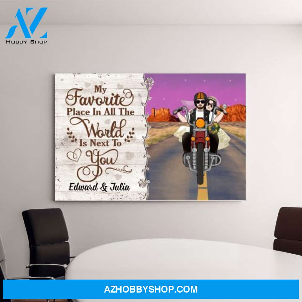 Personalized Canvas, My Favorite Place In All The World Is Next To You, Biker Couple, Gift for Motorcycle Fans