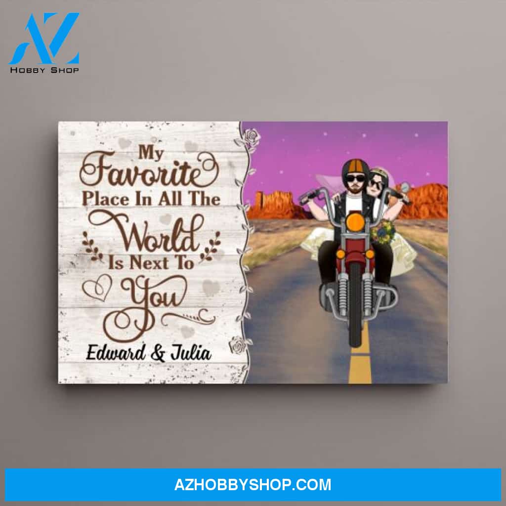 Personalized Canvas, My Favorite Place In All The World Is Next To You, Biker Couple, Gift for Motorcycle Fans