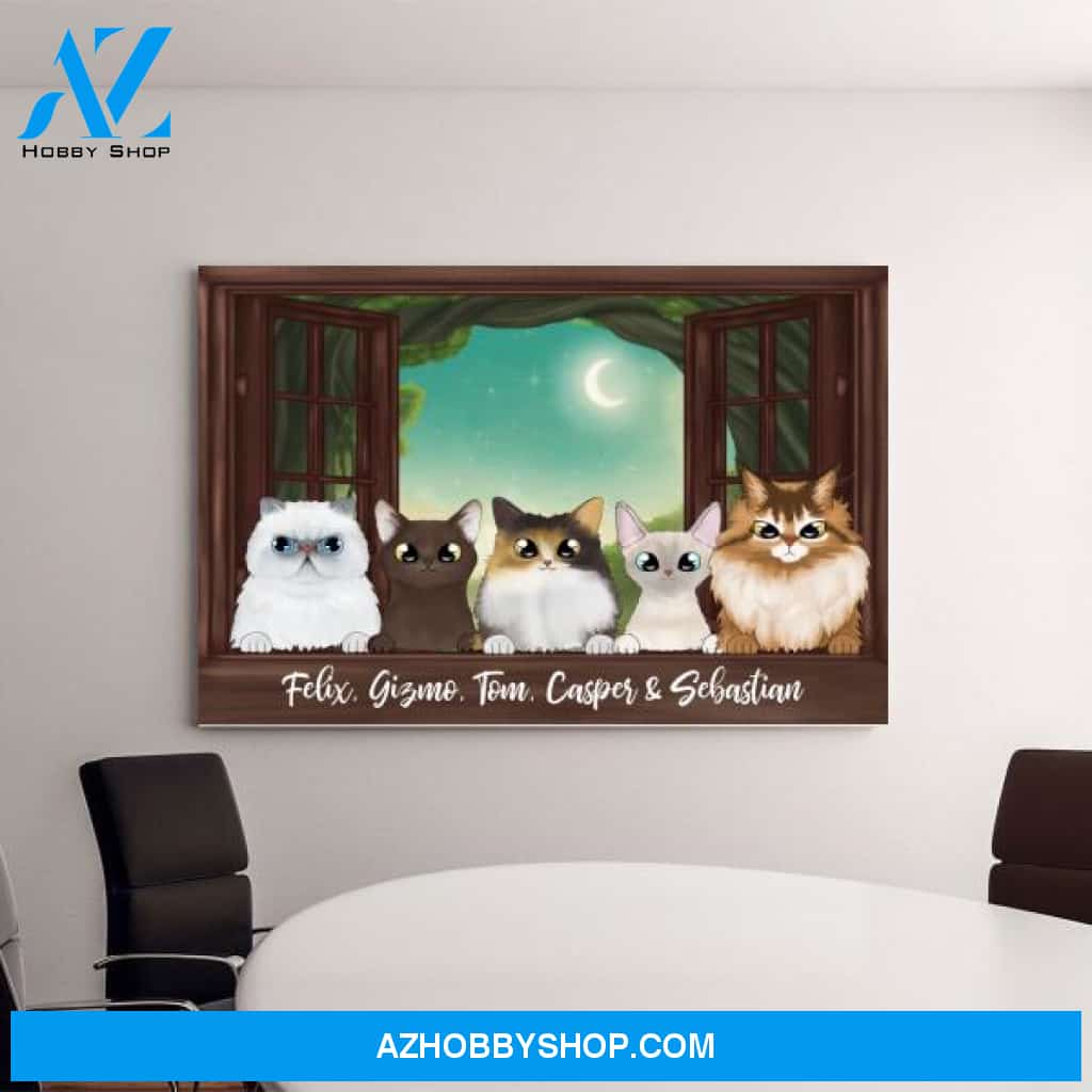 Personalized Landscape Canvas, Cats Peeking On Window, Up to 5 Cats, Gift for Cat Lovers