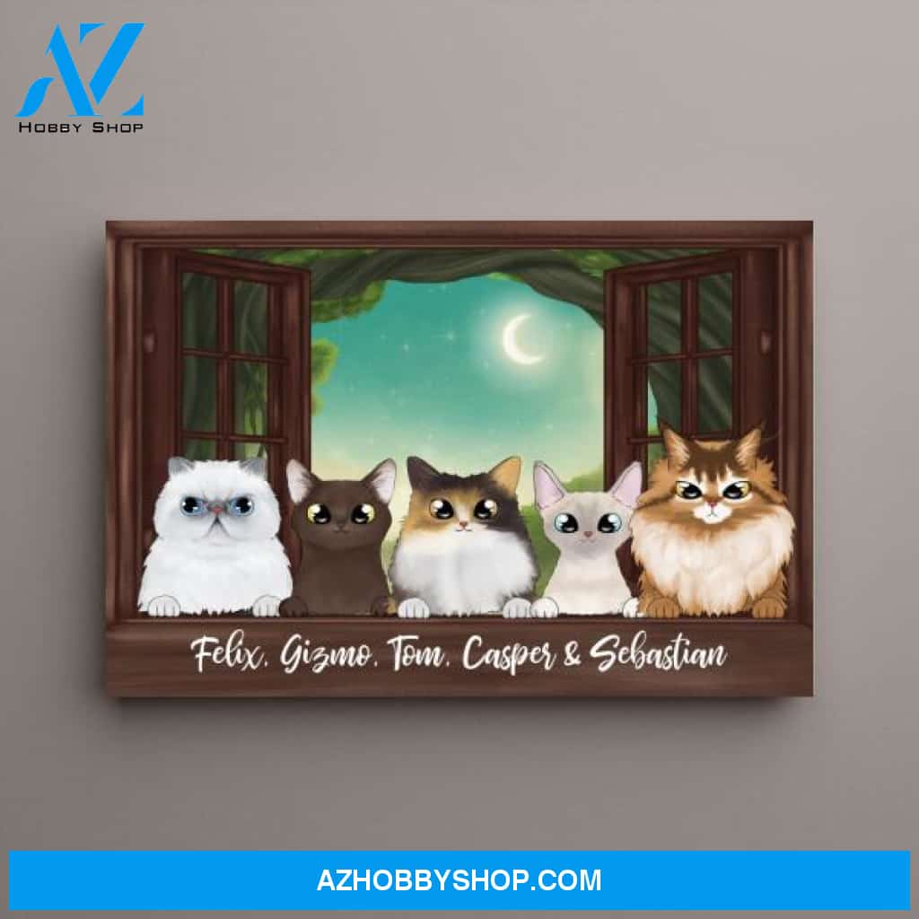 Personalized Landscape Canvas, Cats Peeking On Window, Up to 5 Cats, Gift for Cat Lovers