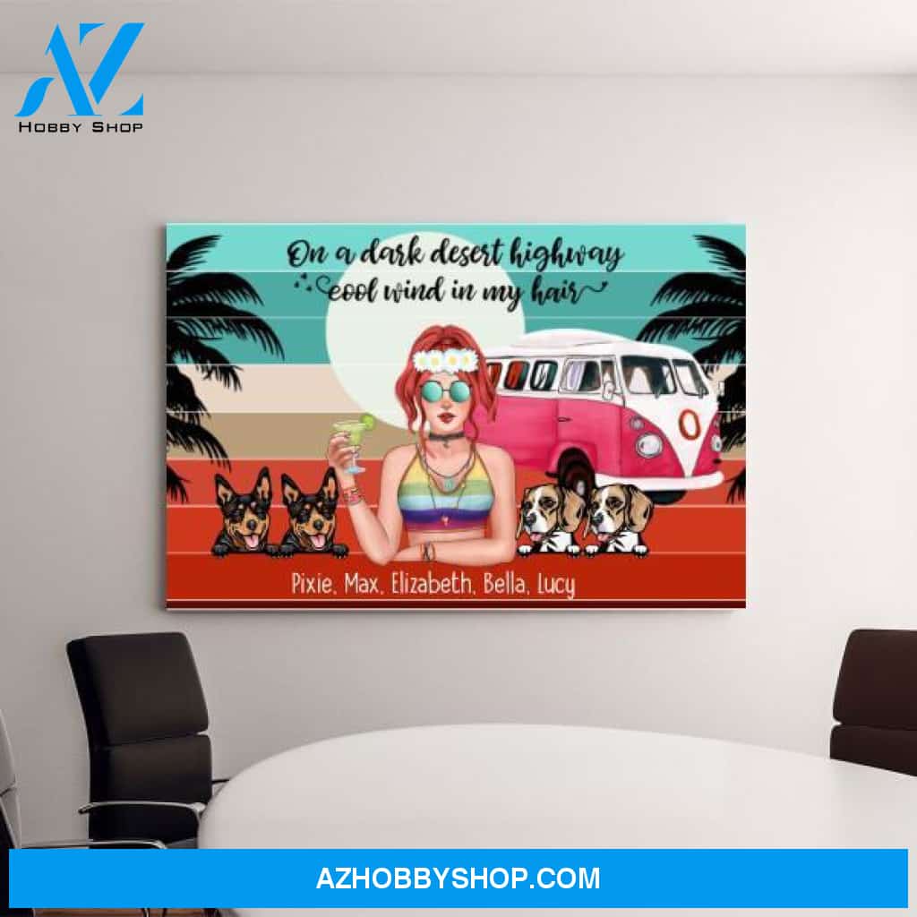 Personalized Landscape Canvas, Hippie Girl with Dogs, Custom Gift for Dog and Hippie Lovers