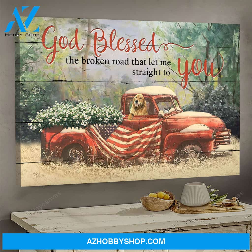 Vintage car carrying daisies and dog - God blessed the broken road - Jesus Landscape Canvas Prints - Wall Art